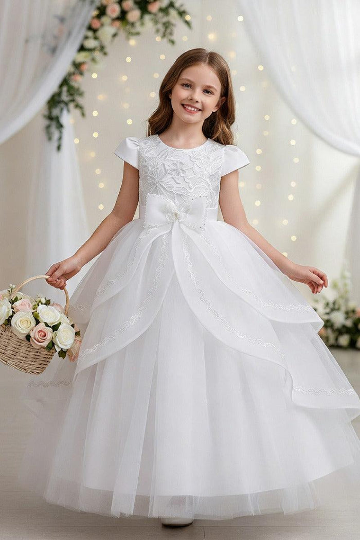 A-Line Round Neck Cap Sleeve Floor Length Ruffled Tulle Flower Girl Dresses 1028258095884