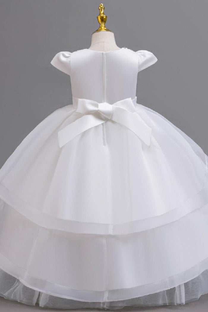 A-Line Round Neck Cap Sleeve Floor Length Ruffled Tulle Flower Girl Dresses 1028258095884