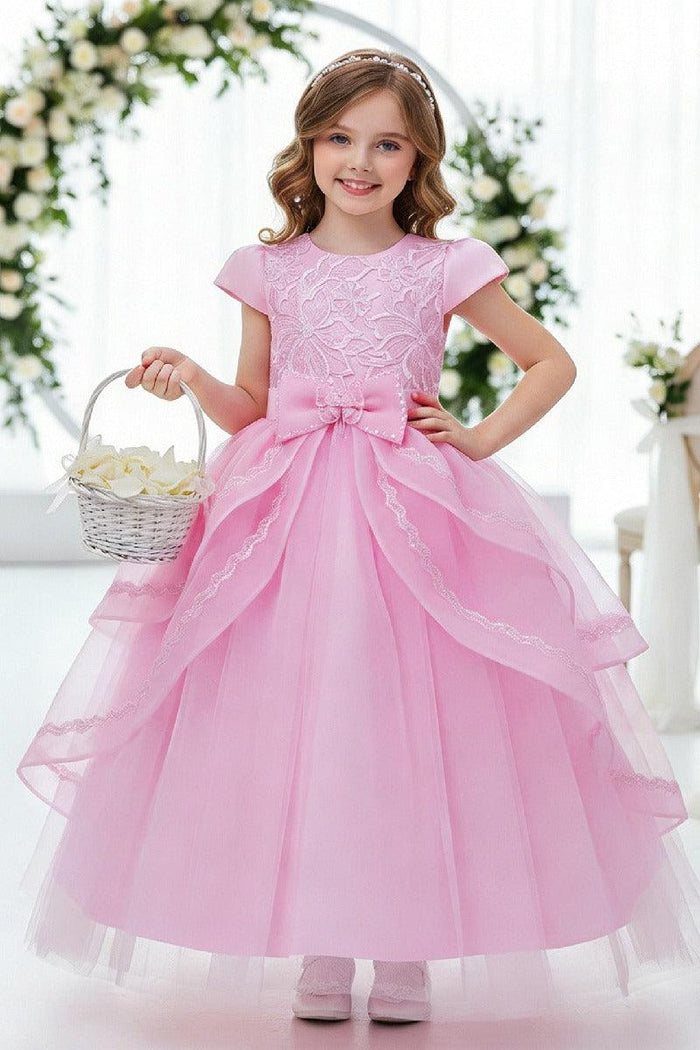 A-Line Round Neck Cap Sleeve Floor Length Ruffled Tulle Flower Girl Dresses 1028258095884