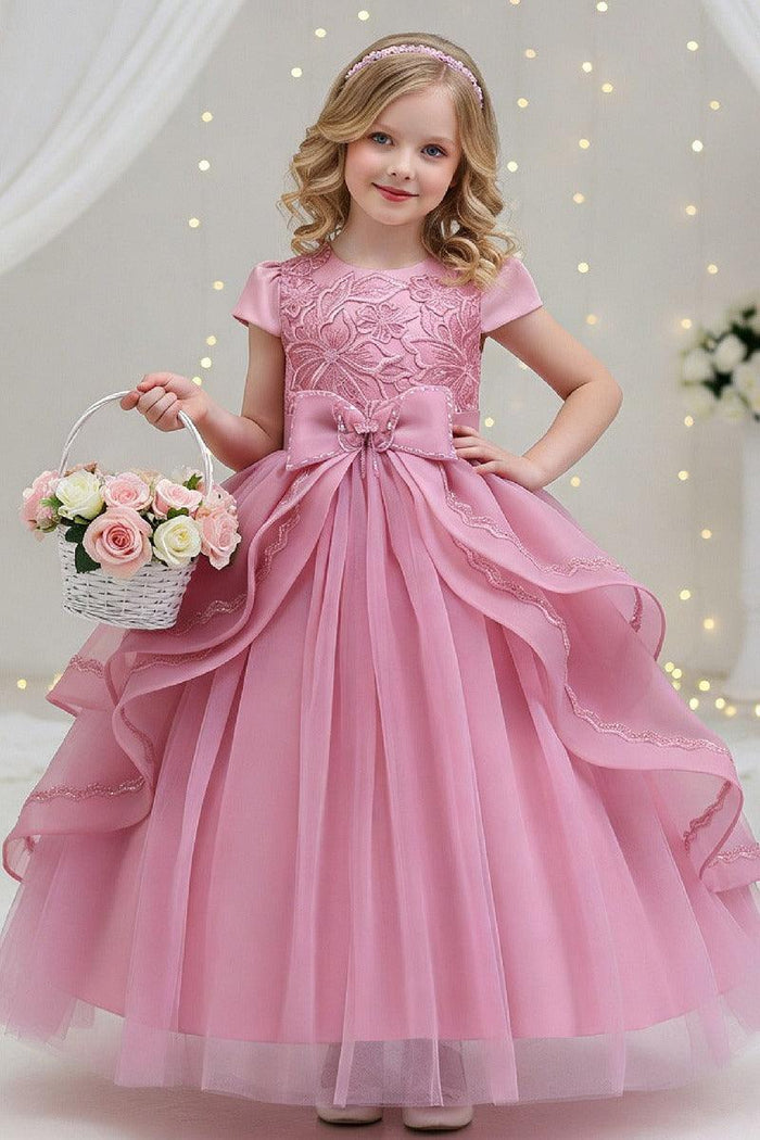 A-Line Round Neck Cap Sleeve Floor Length Ruffled Tulle Flower Girl Dresses 1028258095884