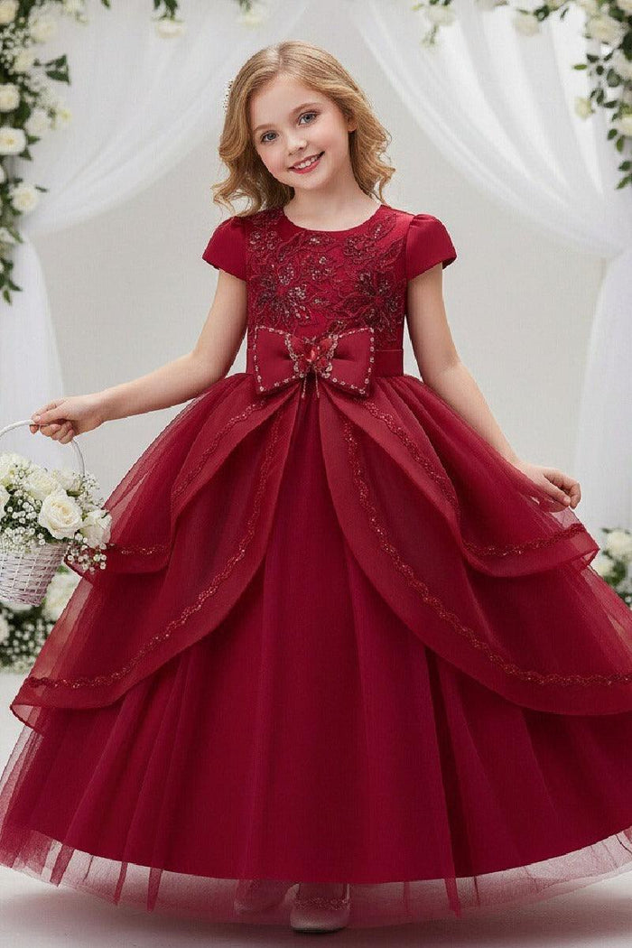 A-Line Round Neck Cap Sleeve Floor Length Ruffled Tulle Flower Girl Dresses 1028258095884