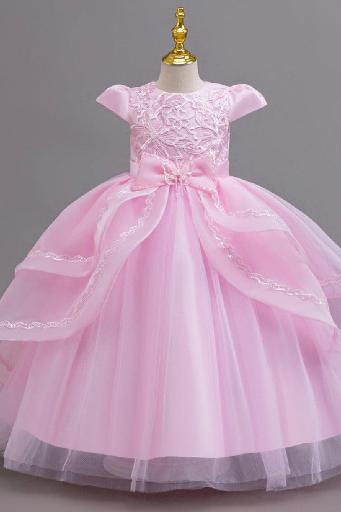 A-Line Round Neck Cap Sleeve Floor Length Ruffled Tulle Flower Girl Dresses 1028258095884
