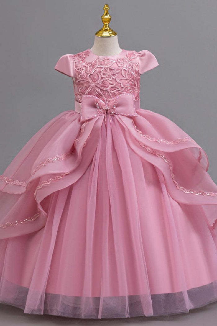 A-Line Round Neck Cap Sleeve Floor Length Ruffled Tulle Flower Girl Dresses 1028258095884