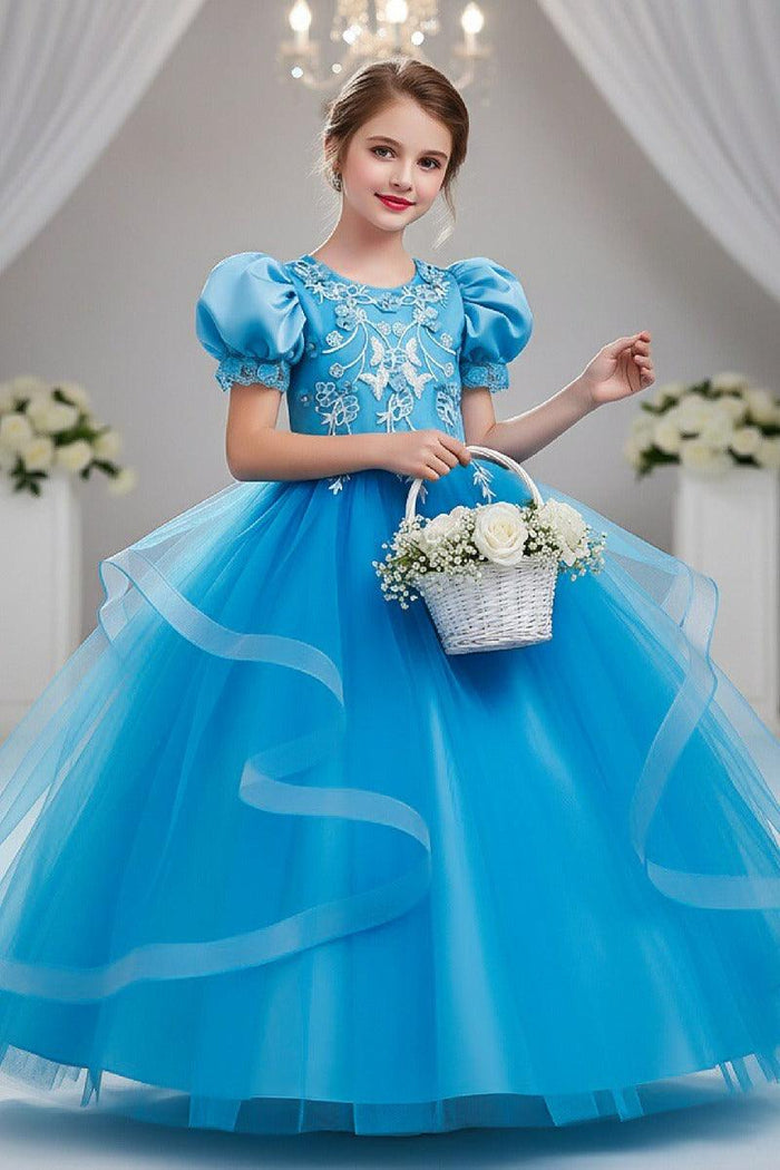 A-Line Round Neck Puff Short Sleeve Ruffled Tulle Floor-Length Flower Girl Dresses 1048500986721