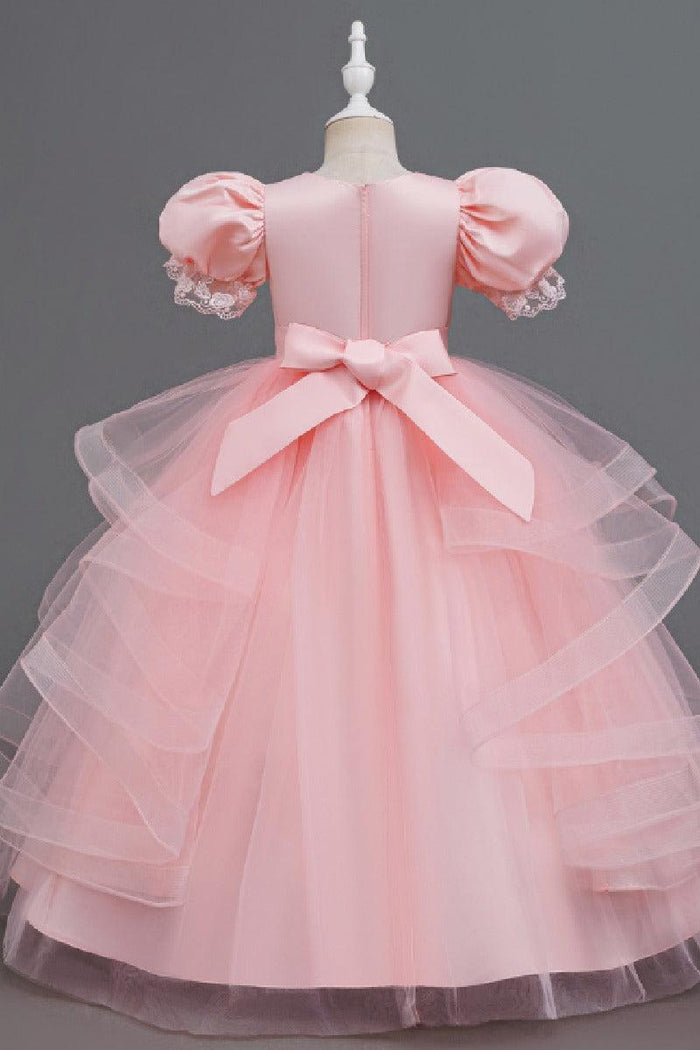 A-Line Round Neck Puff Short Sleeve Ruffled Tulle Floor-Length Flower Girl Dresses 1048500986721