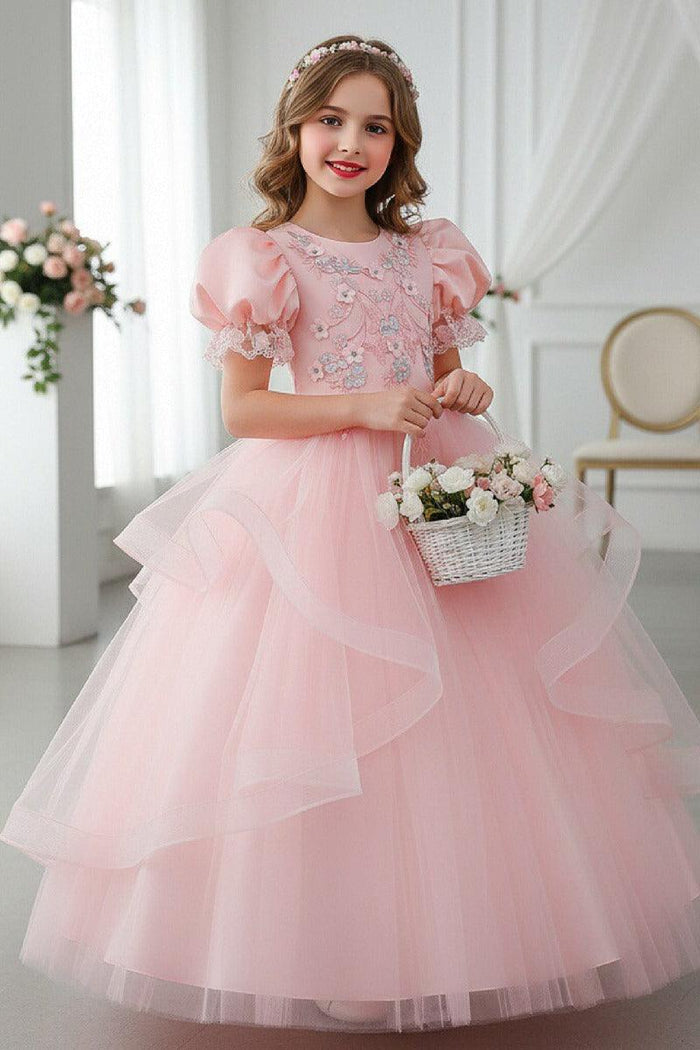A-Line Round Neck Puff Short Sleeve Ruffled Tulle Floor-Length Flower Girl Dresses 1048500986721