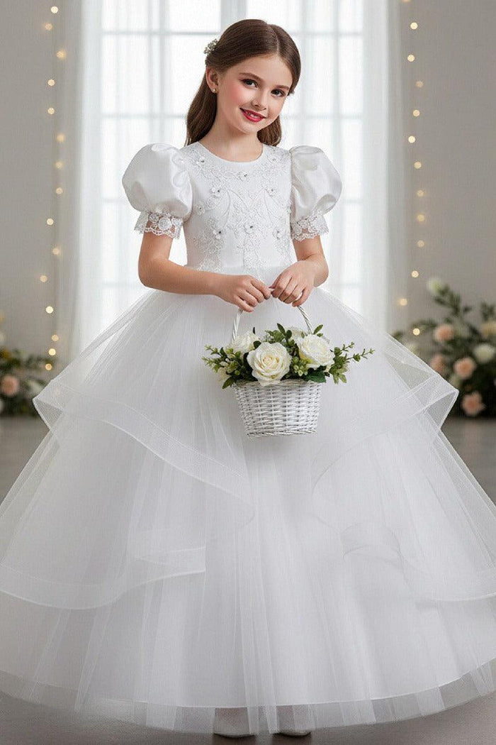 A-Line Round Neck Puff Short Sleeve Ruffled Tulle Floor-Length Flower Girl Dresses 1048500986721