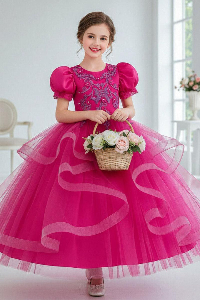 A-Line Round Neck Puff Short Sleeve Ruffled Tulle Floor-Length Flower Girl Dresses 1048500986721