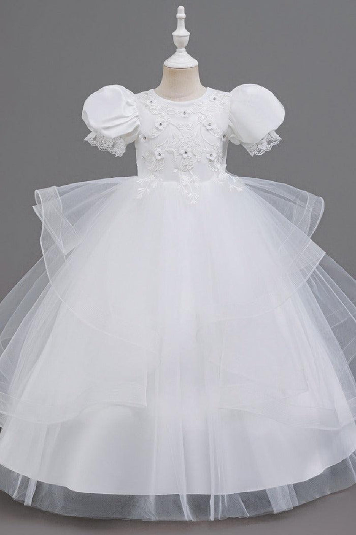 A-Line Round Neck Puff Short Sleeve Ruffled Tulle Floor-Length Flower Girl Dresses 1048500986721
