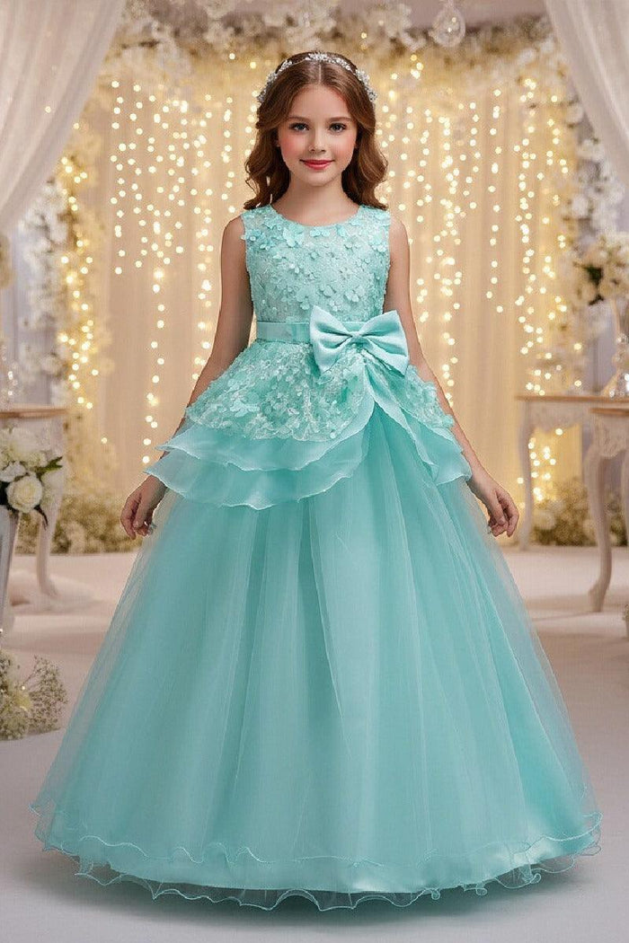 A-Line Round Neck Sleeveless Organza Floor Length Flower Girl Dresses 1029094443095