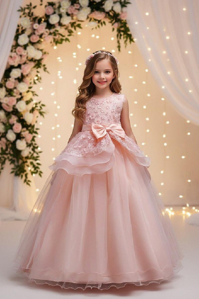 A-Line Round Neck Sleeveless Organza Floor Length Flower Girl Dresses 1029094443095