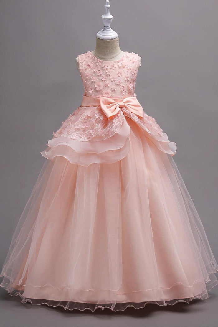 A-Line Round Neck Sleeveless Organza Floor Length Flower Girl Dresses 1029094443095