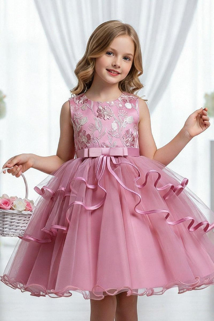 A-Line Round Neck Sleeveless Ruffled Tulle Knee Length Flower Girl Dresses 1029768342439