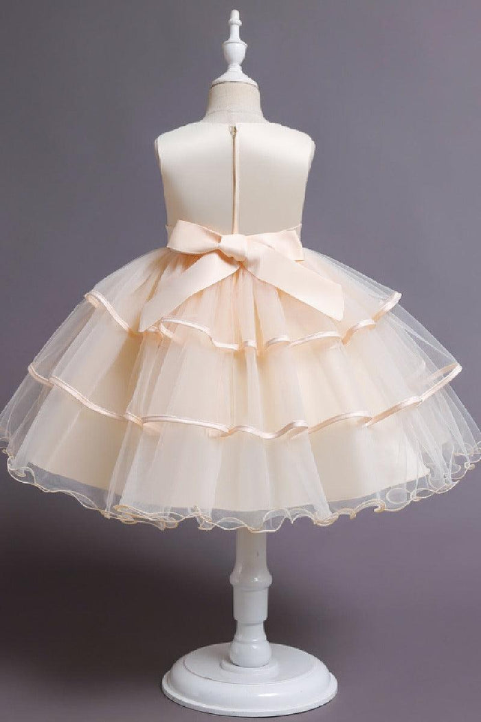 A-Line Round Neck Sleeveless Ruffled Tulle Knee Length Flower Girl Dresses 1029768342439