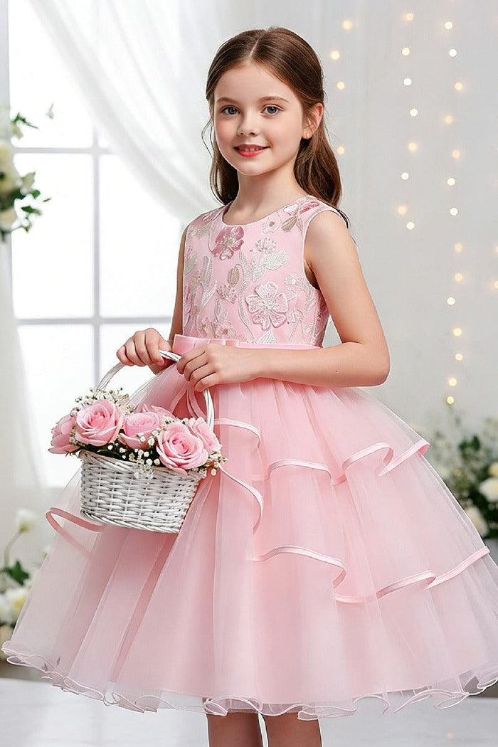 A-Line Round Neck Sleeveless Ruffled Tulle Knee Length Flower Girl Dresses 1029768342439