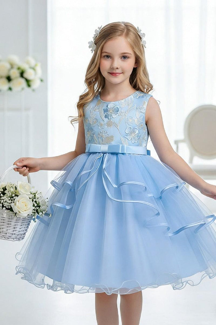 A-Line Round Neck Sleeveless Ruffled Tulle Knee Length Flower Girl Dresses 1029768342439