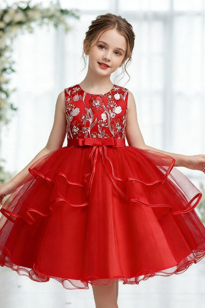 A-Line Round Neck Sleeveless Ruffled Tulle Knee Length Flower Girl Dresses 1029768342439