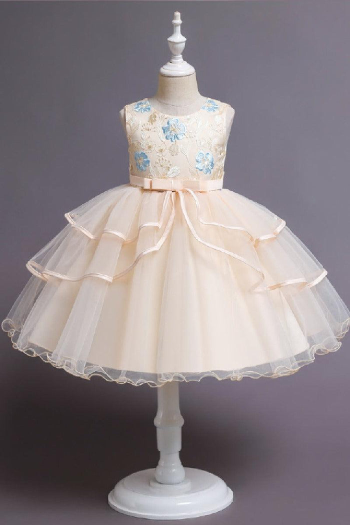 A-Line Round Neck Sleeveless Ruffled Tulle Knee Length Flower Girl Dresses 1029768342439
