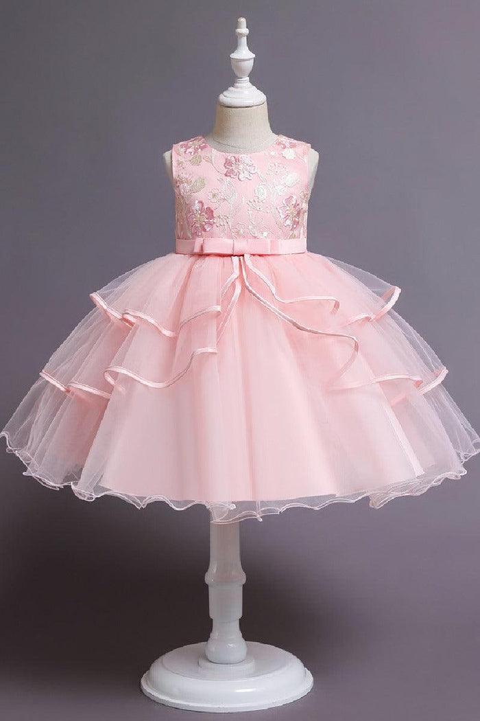 A-Line Round Neck Sleeveless Ruffled Tulle Knee Length Flower Girl Dresses 1029768342439