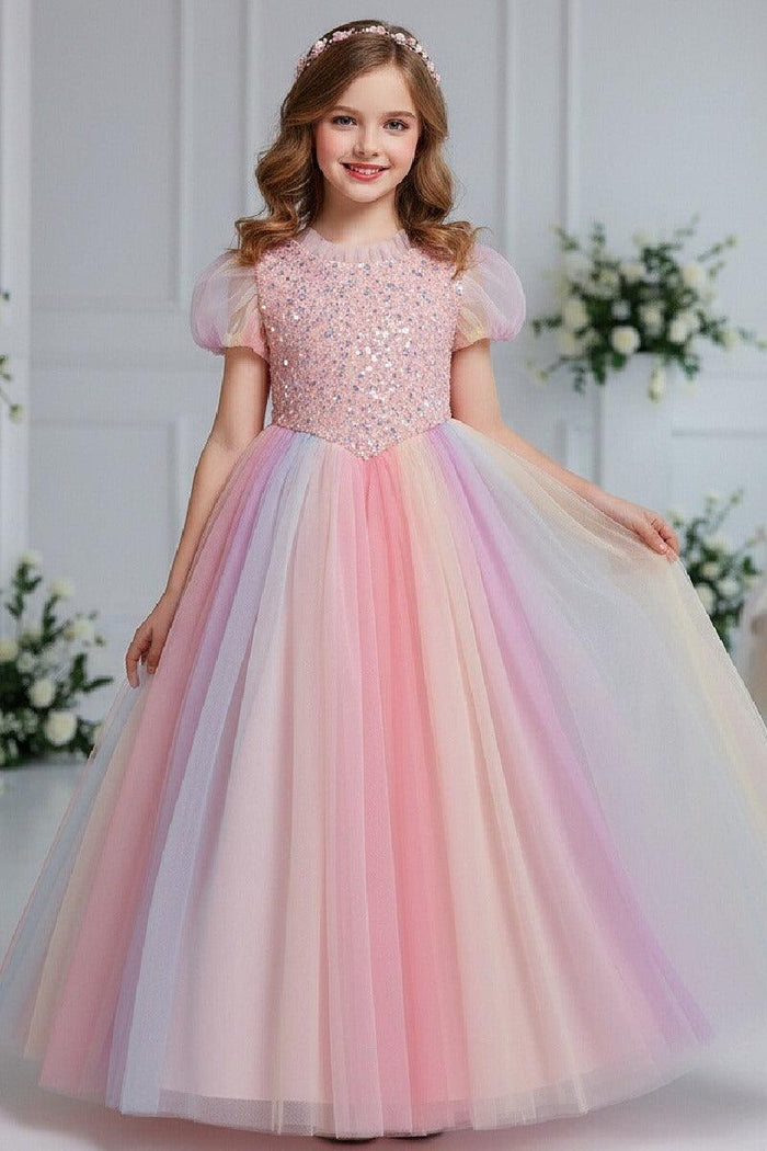 A-Line Short Puff Sleeve Sequin Rainbow Tulle Floor-Length Flower Girl Dresses 1029773142446