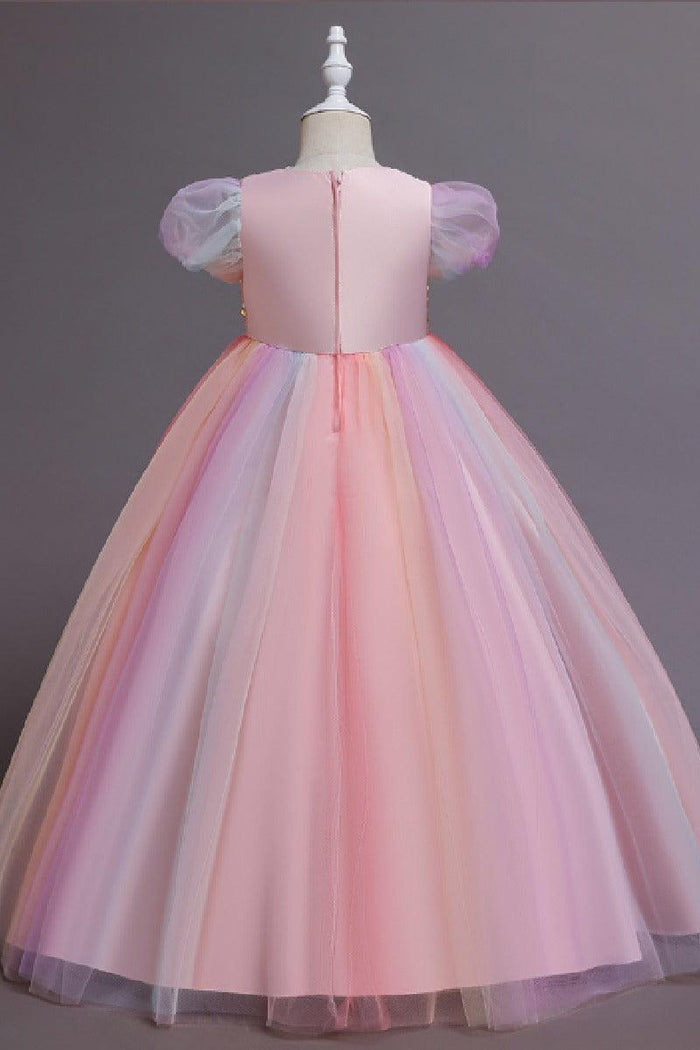 A-Line Short Puff Sleeve Sequin Rainbow Tulle Floor-Length Flower Girl Dresses 1029773142446