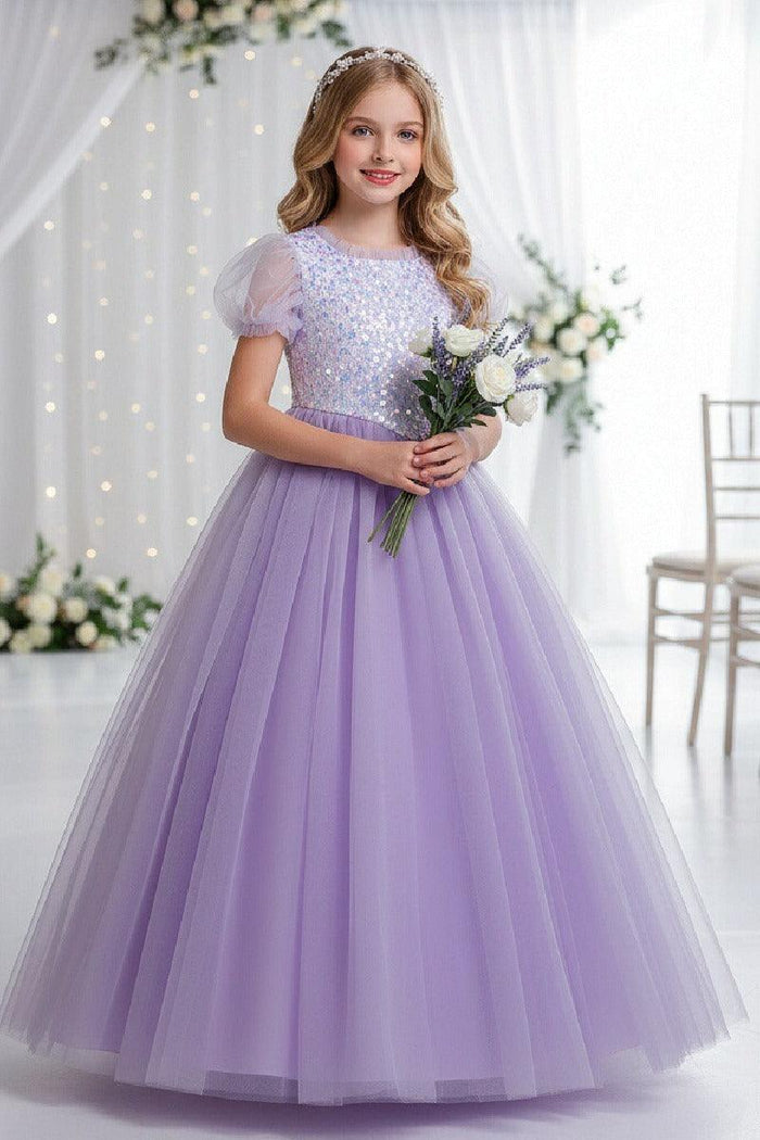 A-Line Short Puff Sleeve Sequin Rainbow Tulle Floor-Length Flower Girl Dresses 1029773142446