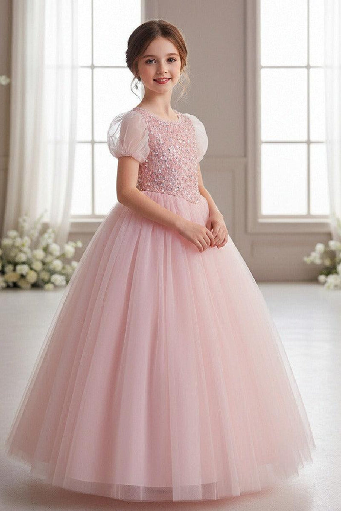 A-Line Short Puff Sleeve Sequin Rainbow Tulle Floor-Length Flower Girl Dresses 1029773142446