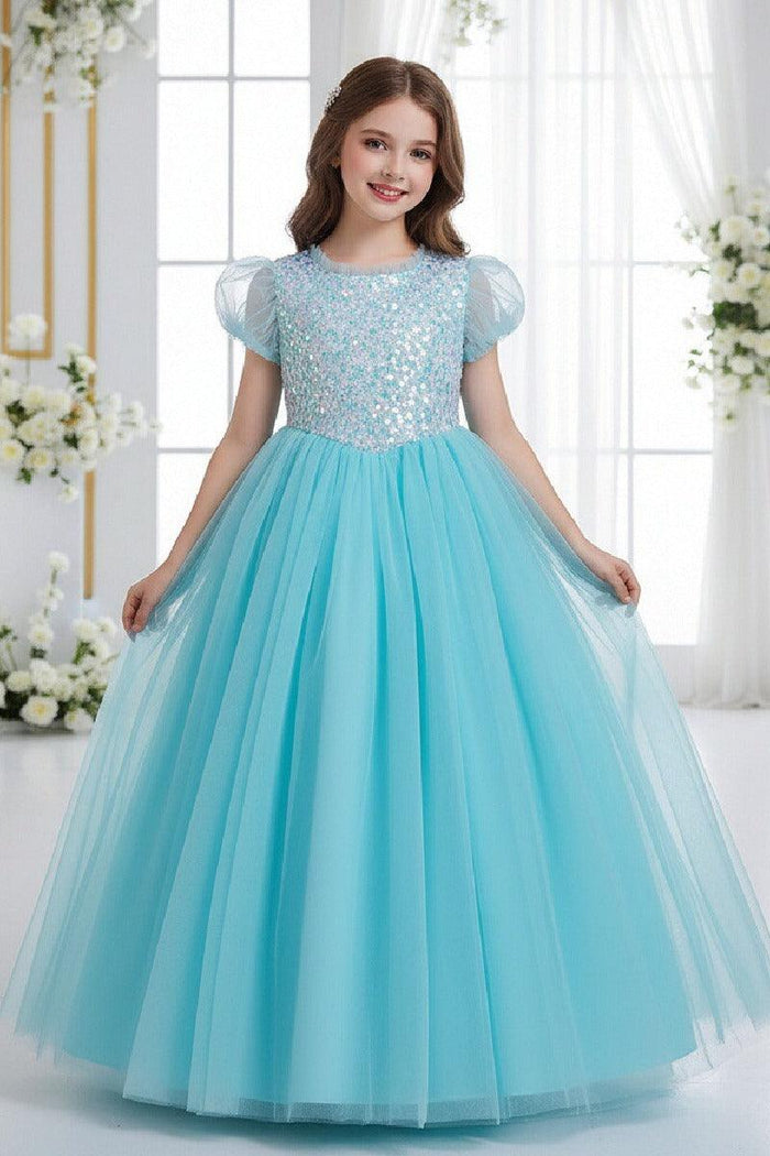 A-Line Short Puff Sleeve Sequin Rainbow Tulle Floor-Length Flower Girl Dresses 1029773142446