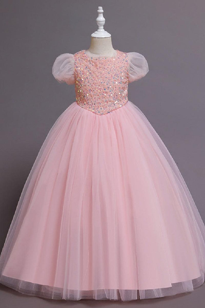 A-Line Short Puff Sleeve Sequin Rainbow Tulle Floor-Length Flower Girl Dresses 1029773142446