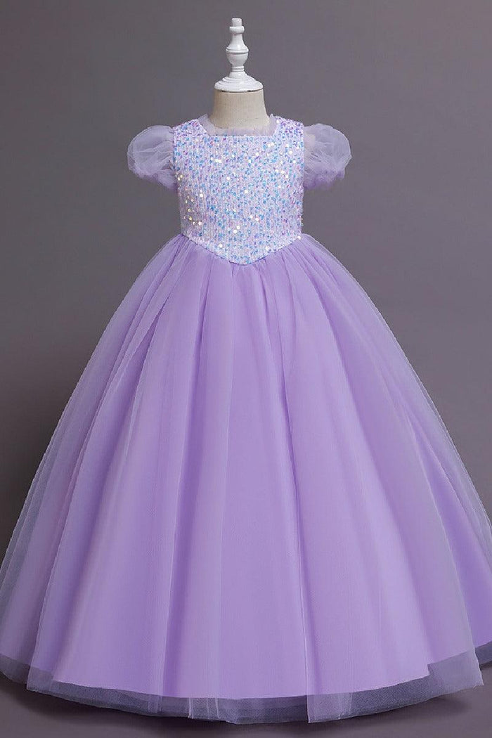A-Line Short Puff Sleeve Sequin Rainbow Tulle Floor-Length Flower Girl Dresses 1029773142446