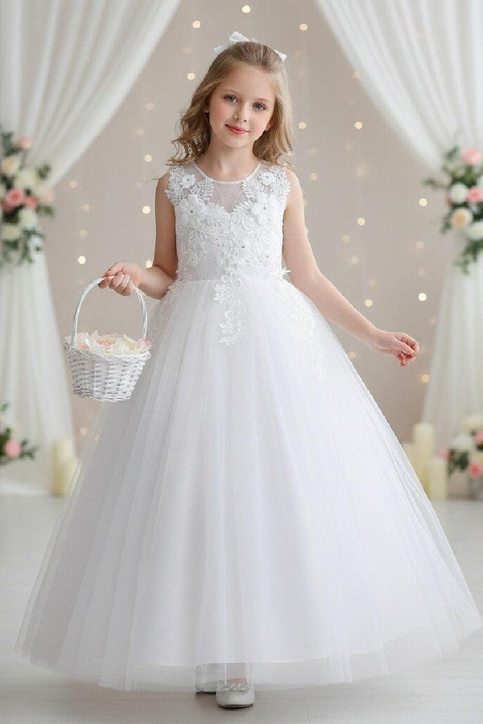 A-Line Sleeveless Illusion Neck Floral Lace Floor Length Tulle Flower Girl Dresses 1031510840167