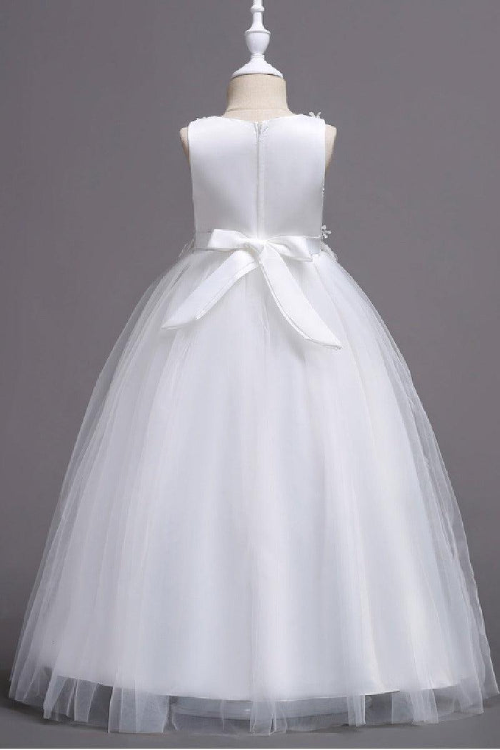 A-Line Sleeveless Illusion Neck Floral Lace Floor Length Tulle Flower Girl Dresses 1031510840167