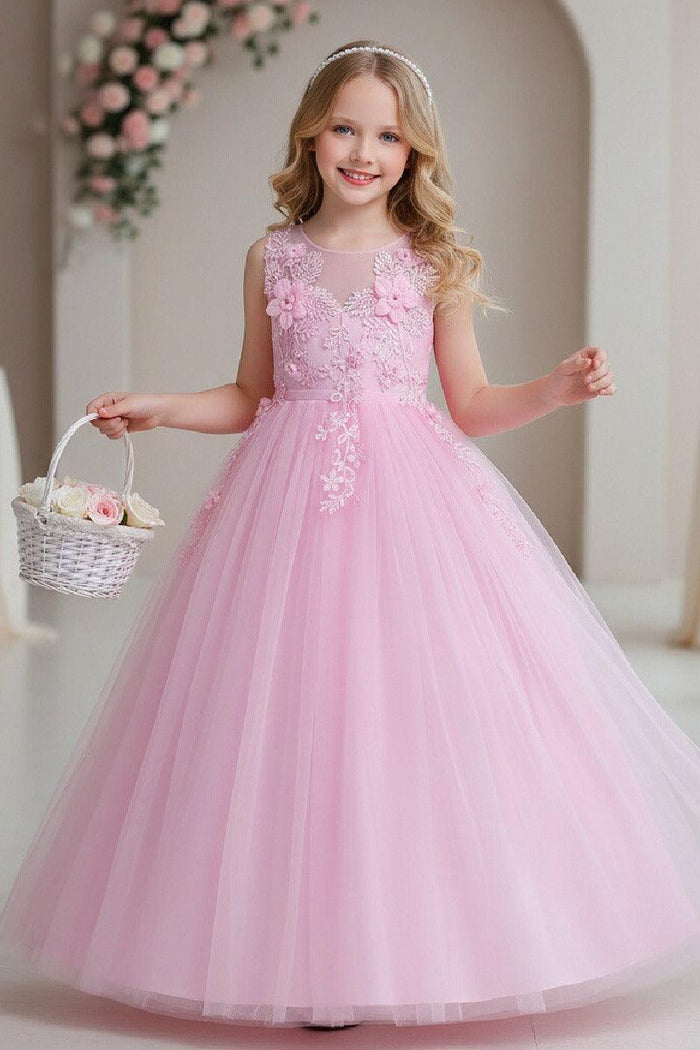 A-Line Sleeveless Illusion Neck Floral Lace Floor Length Tulle Flower Girl Dresses 1031510840167