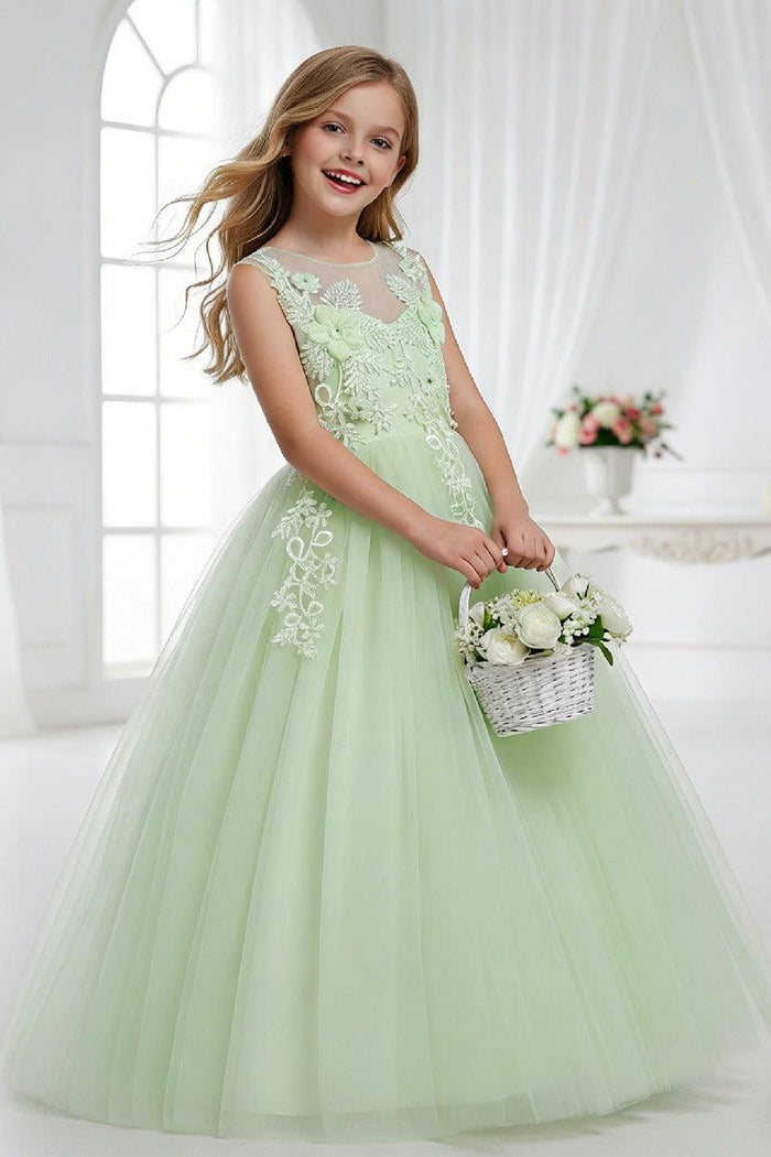 A-Line Sleeveless Illusion Neck Floral Lace Floor Length Tulle Flower Girl Dresses 1031510840167