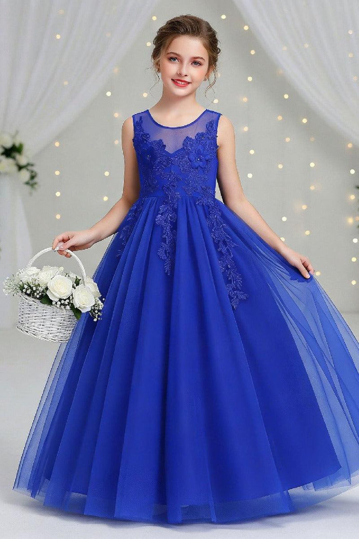 A-Line Sleeveless Illusion Neck Floral Lace Floor Length Tulle Flower Girl Dresses 1031510840167