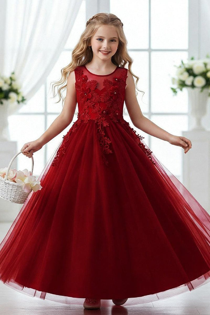 A-Line Sleeveless Illusion Neck Floral Lace Floor Length Tulle Flower Girl Dresses 1031510840167
