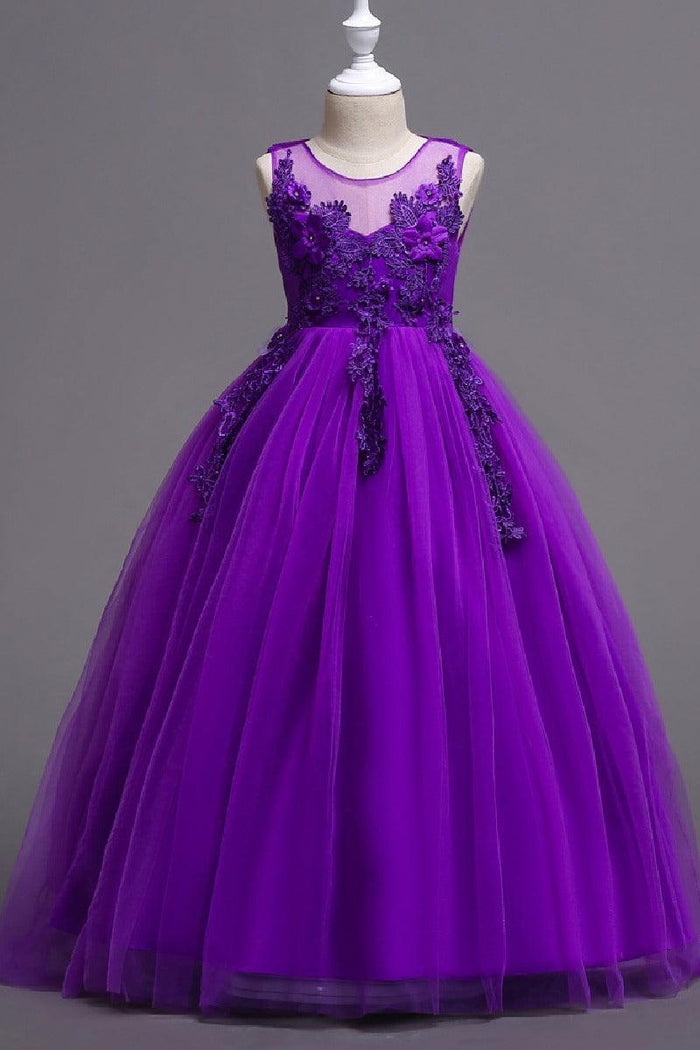 A-Line Sleeveless Illusion Neck Floral Lace Floor Length Tulle Flower Girl Dresses 1031510840167