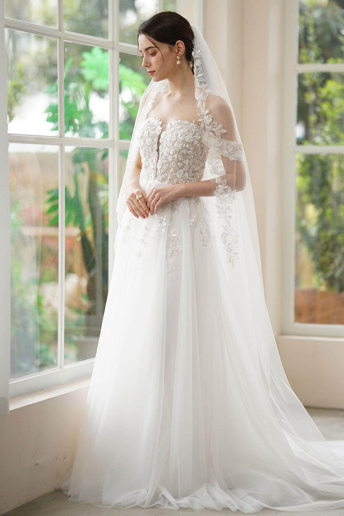 A-Line Sweep-Brush Train Lace Tulle Wedding Dress CW3314 - COCOMELODY