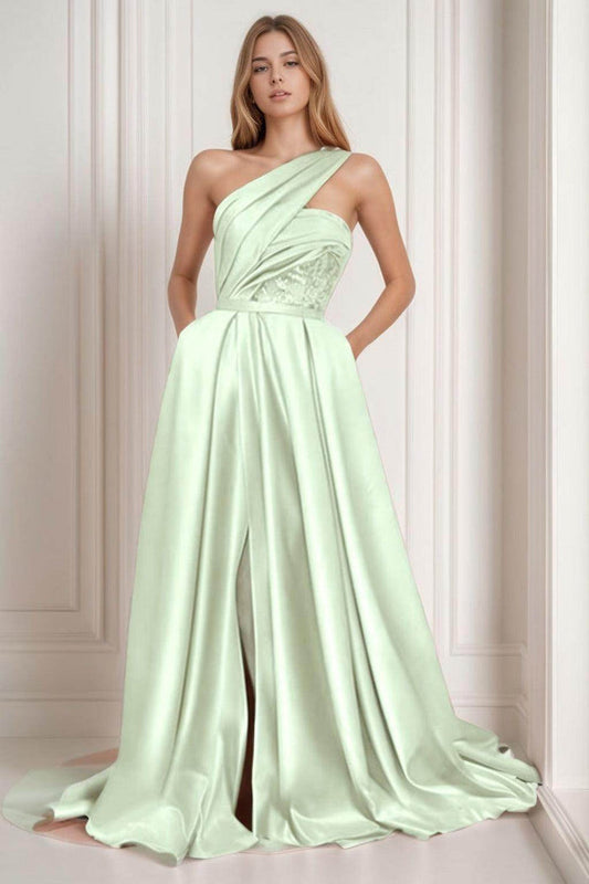A-Line Sweep-Brush Train Satin Prom Dress CS0429 - COCOMELODY