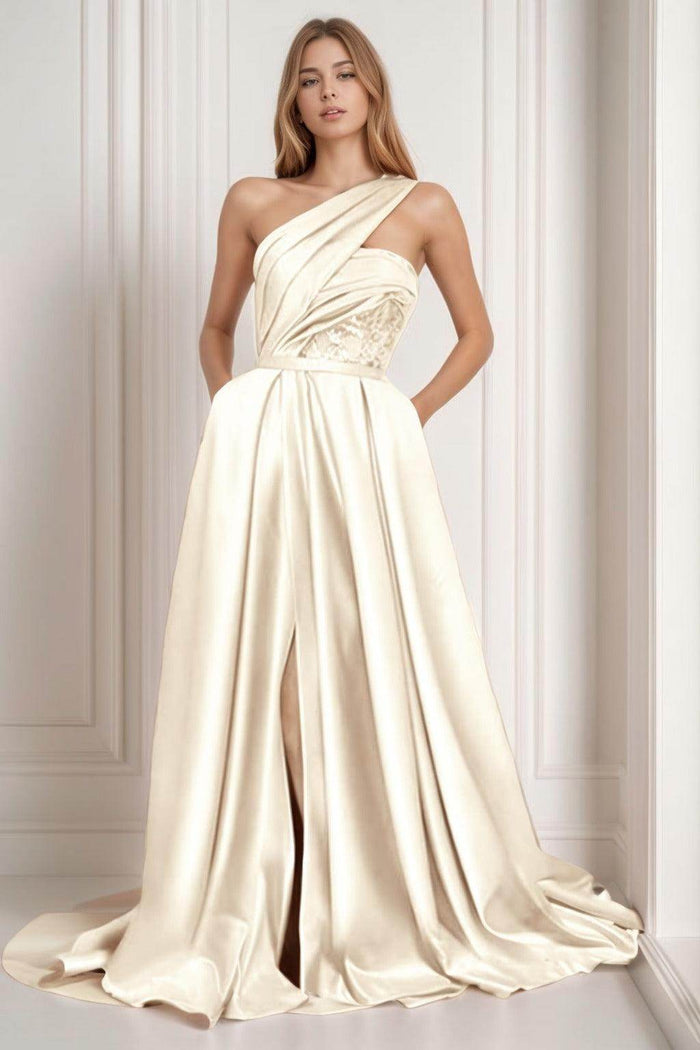 A-Line Sweep-Brush Train Satin Prom Dress CS0429 - COCOMELODY