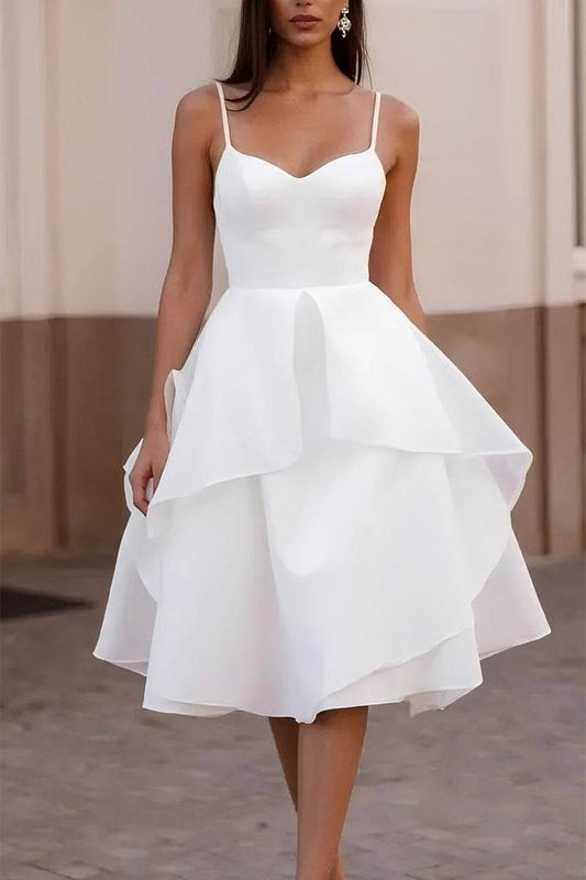 A-Line Tea Length Organza Satin Little White Dress 100015 - COCOMELODY