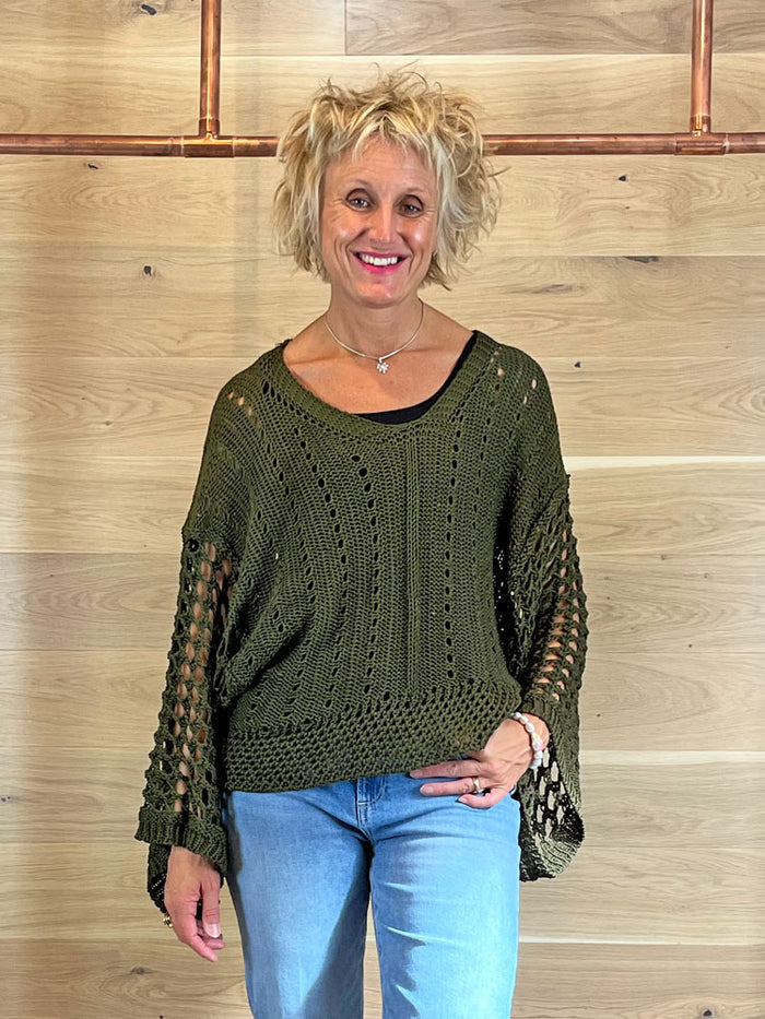 ACL Wide Sleeve Crochet Jumper Khaki