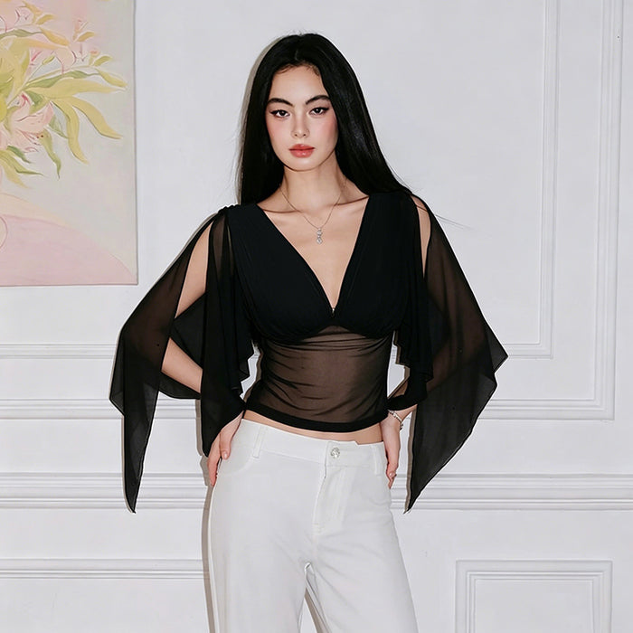 Adams V Neck Mesh Top - Black