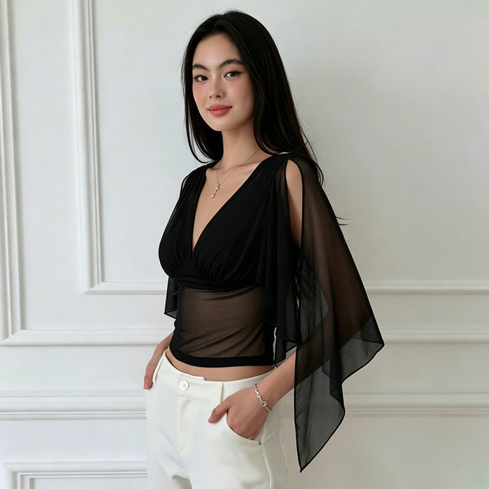 Adams V Neck Mesh Top - Black