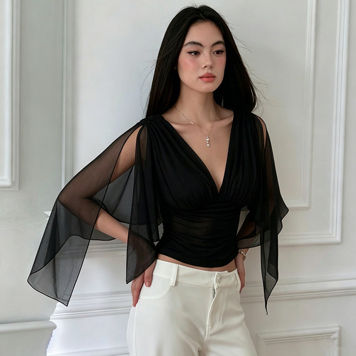 Adams V Neck Mesh Top - Black
