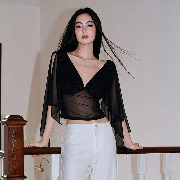 Adams V Neck Mesh Top - Black