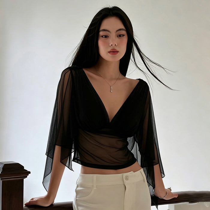 Adams V Neck Mesh Top - Black