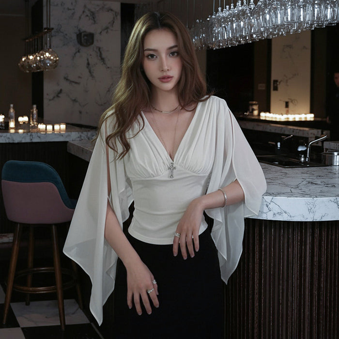 Adams V Neck Mesh Top - White