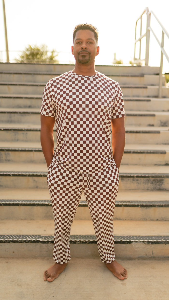 Adult Jogger Set In Cream + Brown Checkered