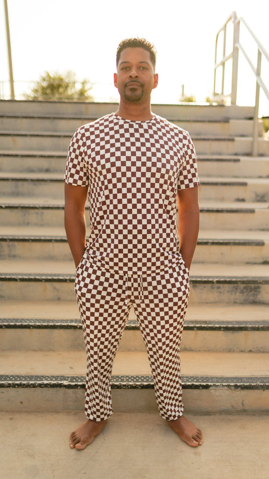 Adult Jogger Set In Cream + Brown Checkered